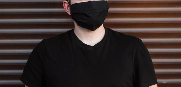 Close up banner view of young man wearing protective medical mask against coronavirus pandemic, female patient wearing facial cover protect from covid-19 pandemic spread, epidemic, corona concept.