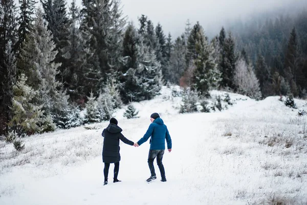 Mooi Jong Koppel Loopt Bergen Hand Hand Tussen Kerstbomen Winter — Stockfoto