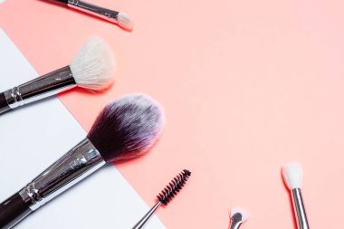 Düz açılı arka planda profesyonel fırça seti. Metnin için alanı kopyala. Parlak arka planda makyaj fırçaları. Çeşitli fırçaların havadan görünüşü. Çeşitli boylarda makyaj fırçaları.