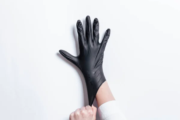 Hand Black Gloves Doctor Hairdresser White Background Gloves Worn Hand — Stock Photo, Image