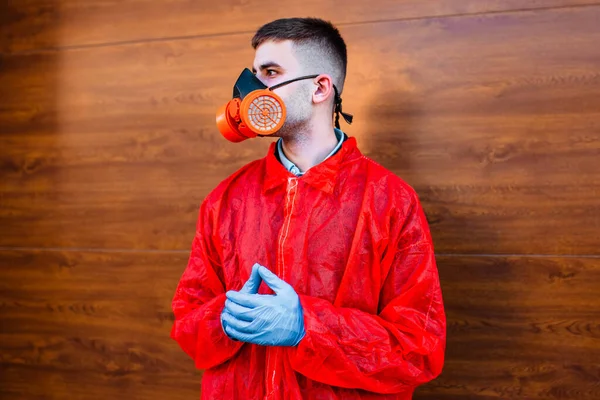 Portrait Doctor Red Protective Suit Wearing Protective Mask Disease Doctor — Stock Photo, Image