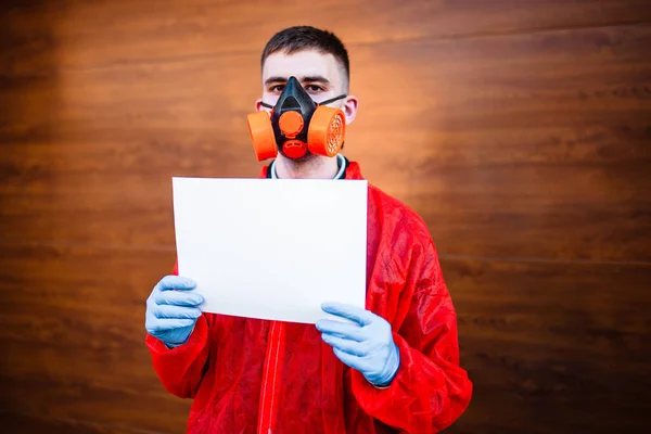 Portrait Doctor Red Protective Suit Wearing Protective Mask Disease Doctor — Stock Photo, Image