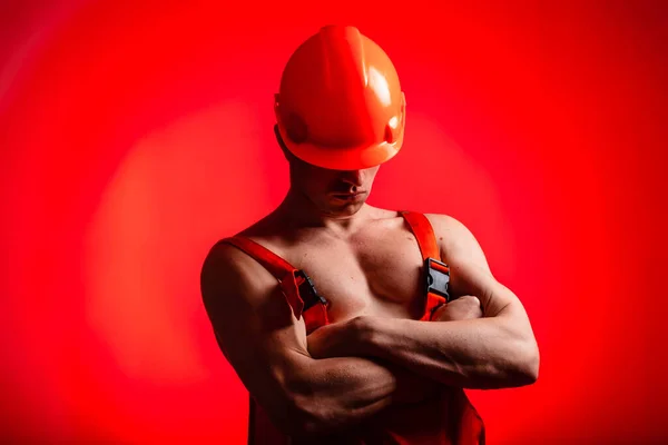 Sexy Builder Red Background Builder Helmet His Head Sexy Builder — Stock Photo, Image