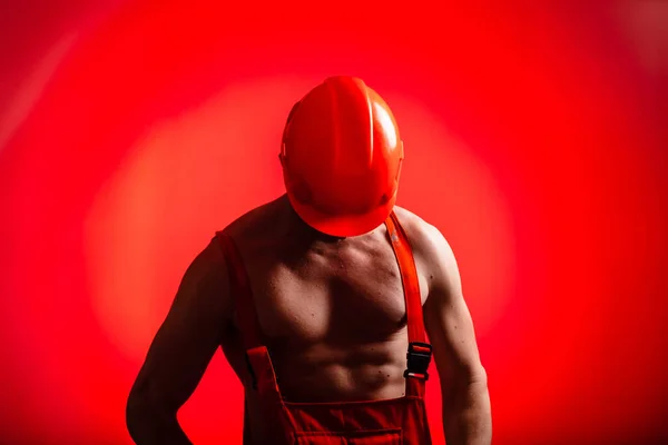 Sexy Builder Red Background Builder Helmet His Head Sexy Builder — Stock Photo, Image