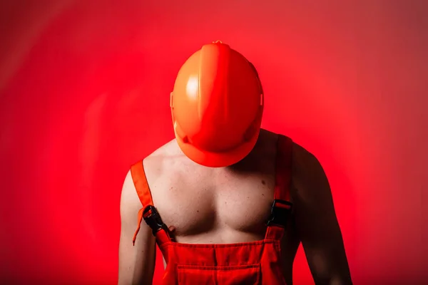 Sexy Builder Red Background Builder Helmet His Head Sexy Builder — Stock Photo, Image