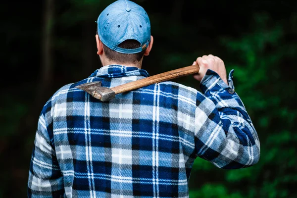 A lumberjack works in the forest. Lumberjack with an ax in the summer forest. The lumberjack is holding an ax. The lumberjack holds an ax on his back. The lumberjack shows the class. Ax in hand.