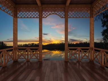 ahşap Teras 3D render Orman Gölü, Karelya Kıstağı, Rusya'nın bir Manzaralı