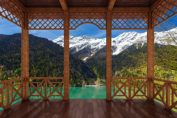 3d renderização de um terraço de madeira com vista para o Lago Riza, Abcásia — Fotografia de Stock