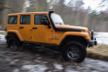 Leningrad region, Rusya Federasyonu - 15 Kasım 2016 Jeep Wrangler ormandaki Wrangler olduğunu Chrysler tarafından üretilen bir kompakt Suv