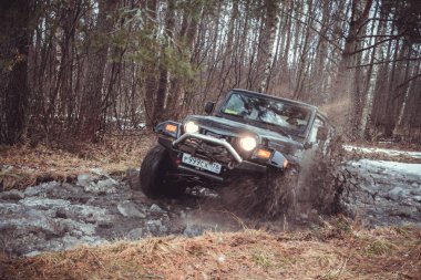 Leningrad region, Rusya Federasyonu - 15 Kasım 2016 Jeep Wrangler ormandaki Wrangler olduğunu Chrysler tarafından üretilen bir kompakt Suv