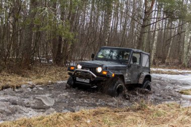 Leningrad region, Rusya Federasyonu - 15 Kasım 2016 Jeep Wrangler ormandaki Wrangler olduğunu Chrysler tarafından üretilen bir kompakt Suv