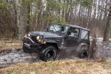 Leningrad region, Rusya Federasyonu - 15 Kasım 2016 Jeep Wrangler ormandaki Wrangler olduğunu Chrysler tarafından üretilen bir kompakt Suv