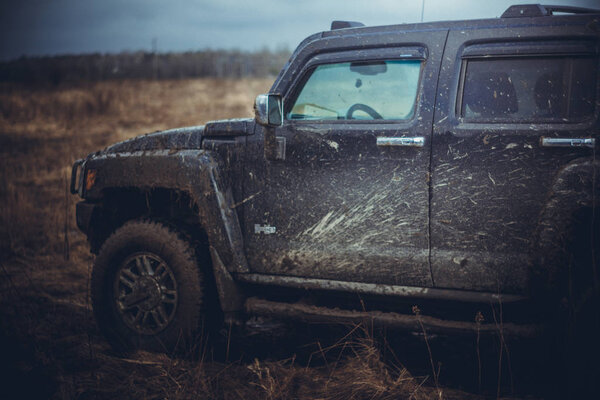 Leningrad region, the river Tosno, Russia - March 18, 2017. Off road trip Hummer club on the river Tosno, Leningrad region. the Hummer H3 is a compact SUV produced by GM