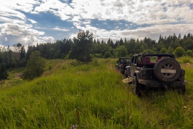 Jeep Wrangler Leningrad bölgesinde orman yolu ile