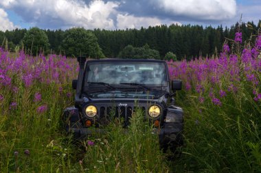 Jeep Wrangler Leningrad bölgesinde orman yolu ile