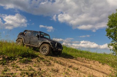 Jeep Wrangler Leningrad bölgesinde orman yolu ile