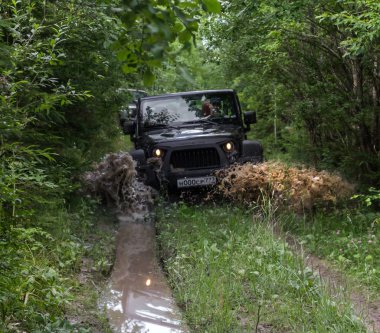 Jeep Wrangler Leningrad bölgesinde orman yolu ile