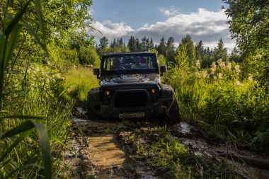 Jeep Wrangler Leningrad bölgesinde orman yolu ile