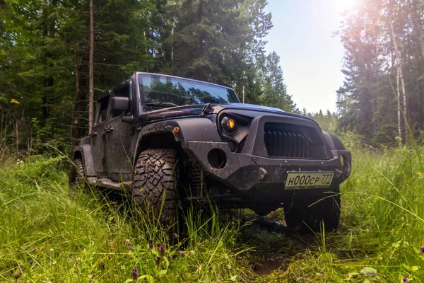 Jeep Wrangler con carretera forestal en la región de Leningrado — Foto de Stock