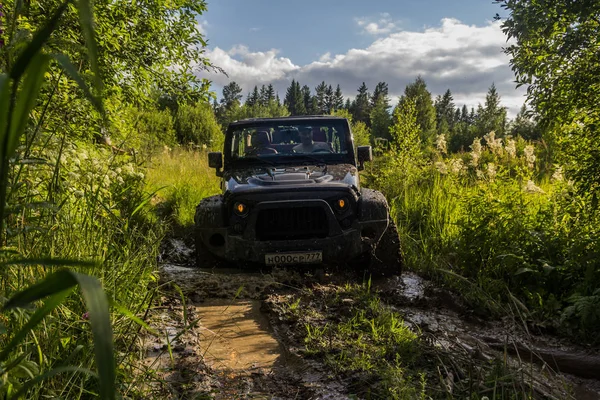 Jeep Wrangler az erdei úton a leningrádi régióban — Stock Fotó