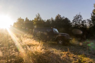 15.09.2017. Vepsian orman. Leningrad bölge. Rusya. Jeep Wrangler alanında gün batımında. Chrysler tarafından üretilen bir jip Wrangler olduğunu