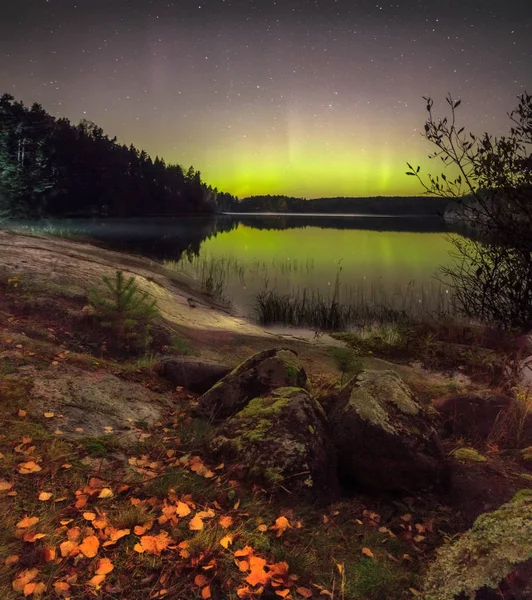 Luces Boreales Lago Ladoga Karelia Octubre 2017 — Foto de Stock