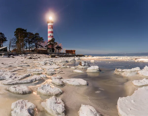 Shepelevsky Latarnia Morska Księżycową Noc — Zdjęcie stockowe
