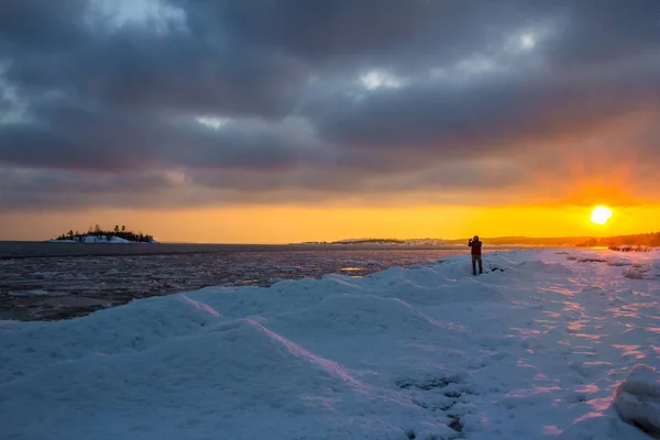 Winter Frosty Evening Lake Ladoga Karelia Russia — Stock Photo, Image