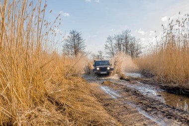 Finlandiya Körfezi. Leningrad bölge. Rusya. 15 Nisan 2018: Jeep Wrangler Finlandiya Körfezi off-road rides