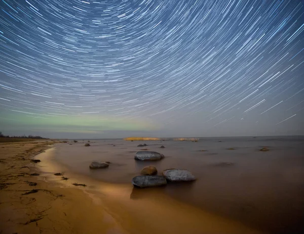 Starfall over lake Ladoga. Karelia. Russia — Stock Image Starfall Lake Ladoga Karelia Russia Stock Image