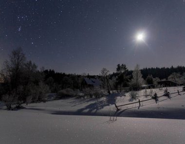 Ormandaki çiftlik. Karelia 'da kış, Rusya' nın doğası, köyde mehtaplı gece.