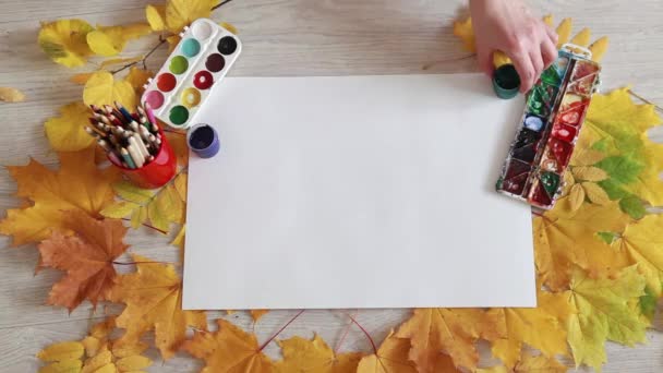 Getting creative process, preparation. Autumn leaves and items for creativity — Stockvideo