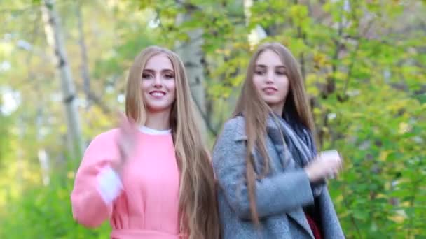 Dos jóvenes blancas con el pelo largo y grueso bailando en el otoño en la naturaleza — Vídeos de Stock