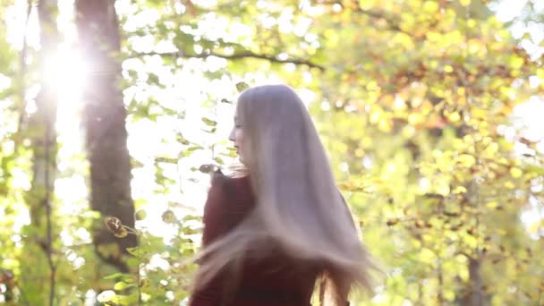 Mujer joven con el pelo largo en una naturaleza elegante durante el día — Vídeo de stock