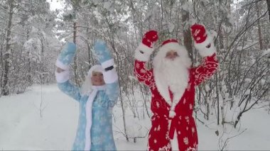 Güzel kar Maiden ve Santa üzerine kış doğada eğlenceli orman