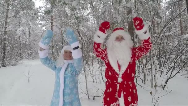 Krásná Sněhurka a Santa na přírodu v zimě lesní zábava — Stock video