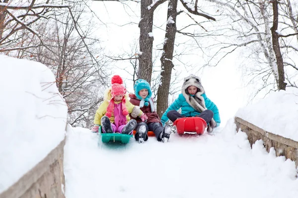 Bambini su una montagna di slitta nell'inverno — Foto Stock