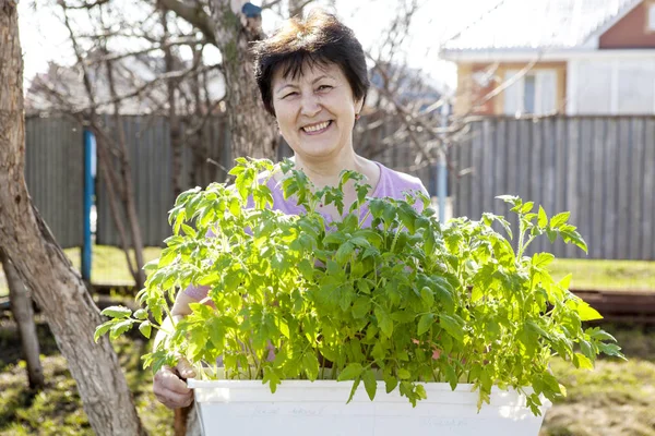 Kadın bahçede tencere filizi ile