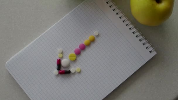 Gyógyszerek, bélelt egy nyíl. Különböző típusú gyógyszerek — Stock videók