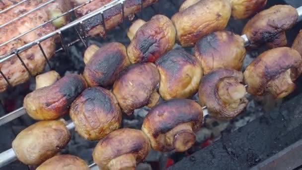 Gebakken paddestoelen op een spies in de open lucht — Stockvideo