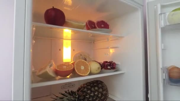 Hűtőszekrény, gyümölcs és zöldség. Készülékek — Stock videók