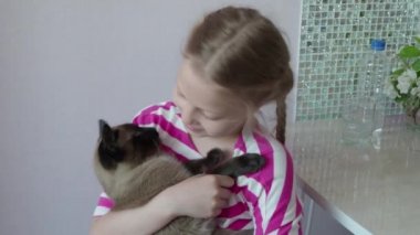 Onun kollarında bir kedi olan bir çocuk. 4k