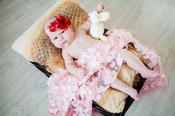 Beautiful little two-month-old girl in a basket — Stock Photo, Image