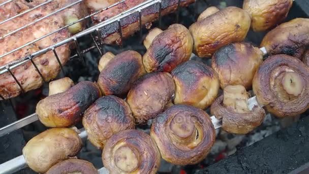 Вкусные аппетитные жареные шампанские на шампиньоне под открытым небом — стоковое видео