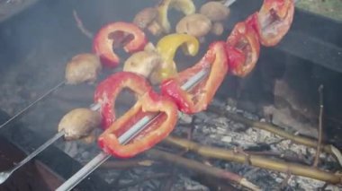 Bir şiş üzerinde sulu sebze bir mangal üzerinde teslim