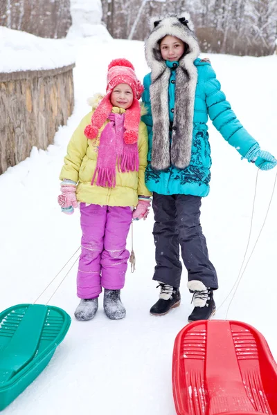 Winter wandeling met kinderen slee — Stockfoto