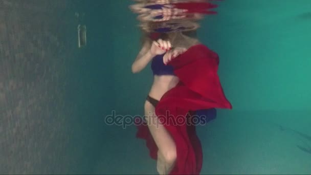 Junge modische Frau schwimmt im Pool — Stockvideo