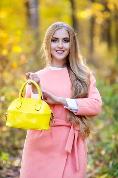 Hermosa joven con el bolso amarillo a la moda en las manos sobre la naturaleza otoñal — Foto de Stock