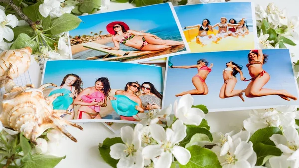 Many bright colored photos of girls in a swimsuit at the resort — Stock Photo, Image