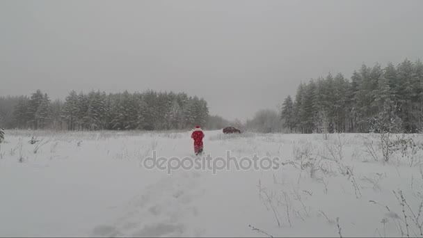 Santa Claus zabraknie lasu i biegnie do samochodu — Wideo stockowe